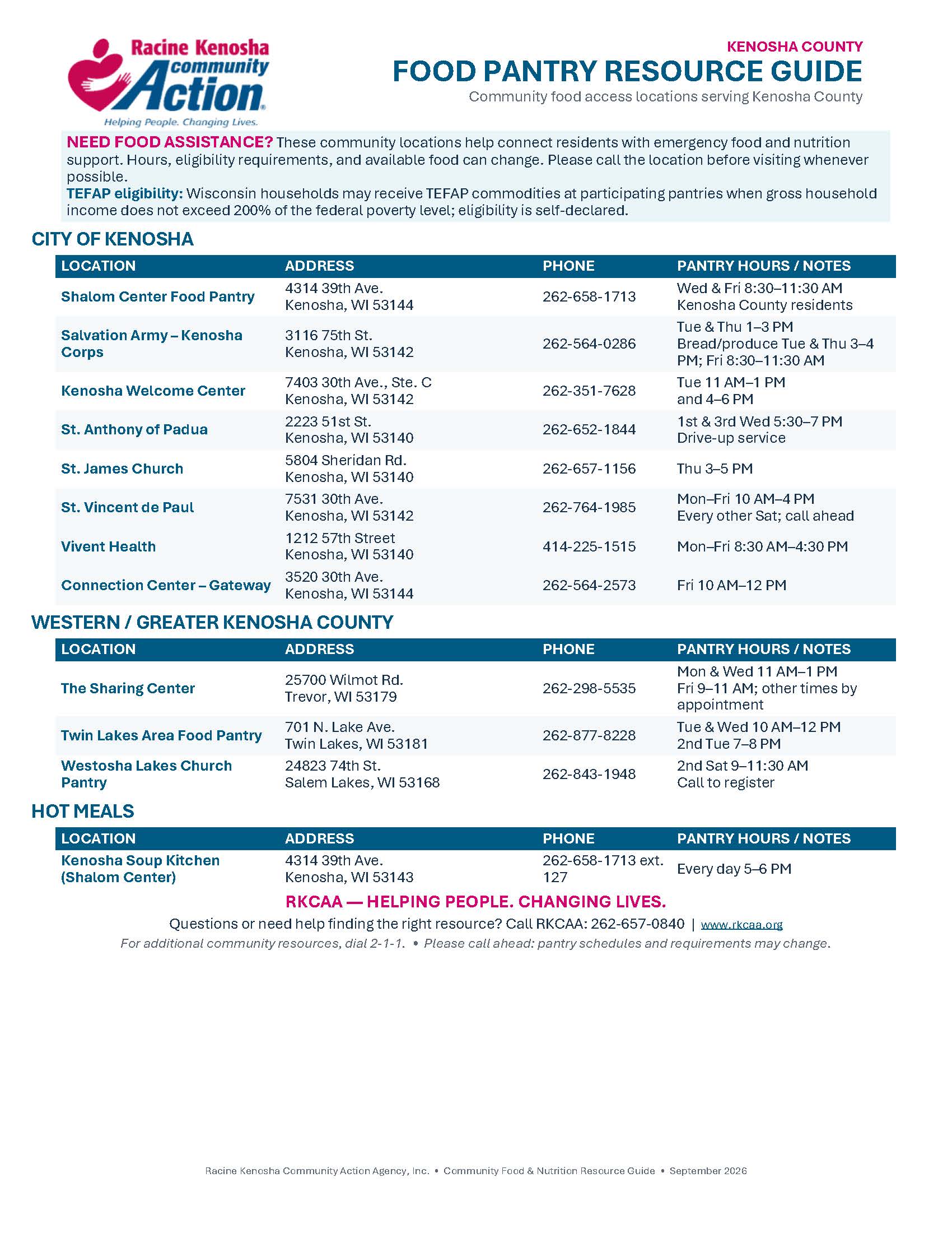 Rkcaa Kenosha County Food Pantry Resource Guide Finalrt